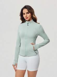 OutZeal Giacca sportiva da donna, colore unito, per allenamento, palestra, yoga, asciugatura rapida, aderente, con collo alto, chiusura lampo, top attivo, adatta per estate e primavera - Verde - Visualizzare 7