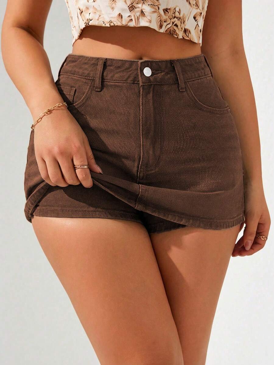 Breezaya Quần short denim nữ màu trơn, cạp lệch. - Cà phê nâu - Xem 1