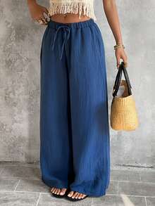 Sunnyshic Women's Drawstring Waist Pockets Wide Leg Loose Casual Versatile Jeans - Blue - View 5