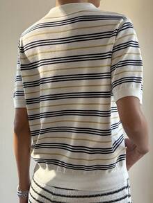 Livesso Women's Casual Striped Button-Up Knit Top - Beige - View 4