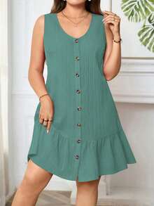 EMERY ROSE Plus Size Solid Color Casual Front Button Ruffle Hem Sleeveless Dress - Limelight Green - View 4