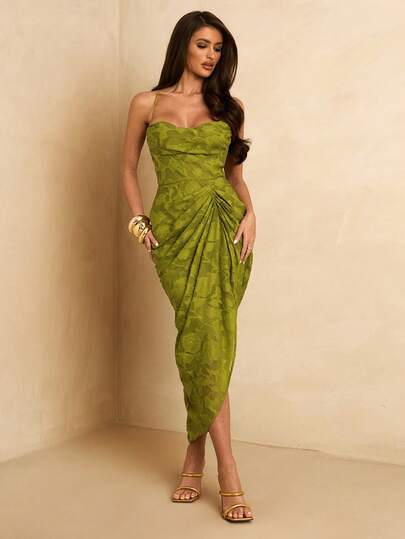 SHEIN BAE Spring/Summer Solid Green Woven Jacquard Halter Tie-Up Detailed Cup Divided Side High Slit Sexy Elegant Women Dress, Suitable For Vacation, Date, Music Festival, Birthday, Brunch, Wedding Guest, Bridesmaid