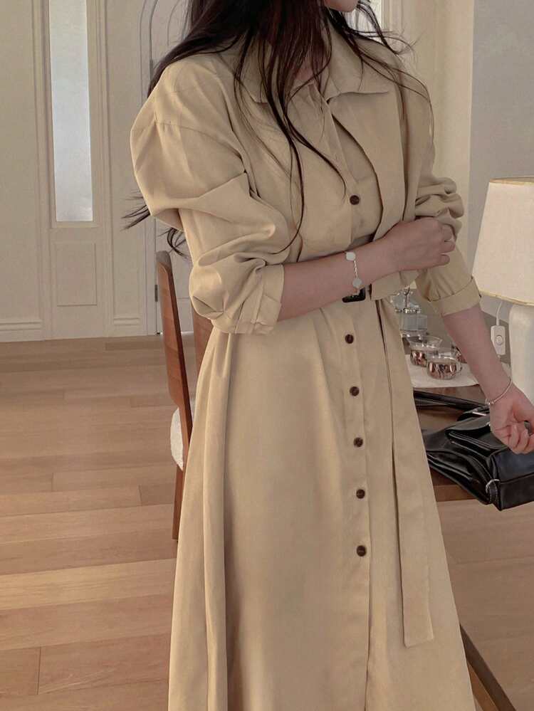Vintage Lapel Cinched Waist Long Sleeve Midi Windbreaker Style Dress For Women Sundress