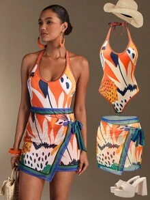 Swim Oasis 26SS 热带抽象雨林灵感天蓝色连体泳衣及半裙套装，春夏海滩度假，新款女士泳装到货，适合上学、度假、约会、下午茶、西式、邮轮、海滩、海岛、公路旅行、四季皆宜、音乐节、波西米亚风度假、秋日休闲、西部波西米亚风，豹纹热带两件套夏季两件套两件套女士多色泳衣套装 - 彩色 - 查看 1