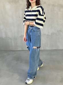 FRIFUL 95% Cotton Striped Polo Collar Drop Shoulder Short Sleeve Black & White Striped Loose Casual Versatile T-Shirt - Blue - View 4