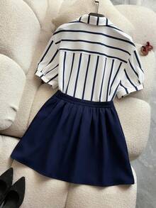 GlowEve Women's Striped Fabric Collared Short Sleeve Loose Top Shirt Paired With Asymmetric Pleated Mini Skirt 2 Pieces Set - Blue and White - View 2