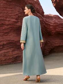 Al Najma Vestido árabe largo de manga larga con bordado y decoración de strass, elegante vestido de fiesta de noche para damas - Neblina azul - Ver 3