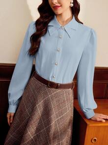 Vintamour 复古优雅女士衬衫领蝴蝶结珍珠纽扣休闲度假上衣教师女装秋季女装秋季女装度假女装娃娃衫外出上衣冬季女装商务休闲女装办公室女装白色女装秋季女装乡村音乐会圣诞节教堂女装秋季女装秋季上衣老钱风格女装可爱上衣优雅 - 藍色 - 查看 5