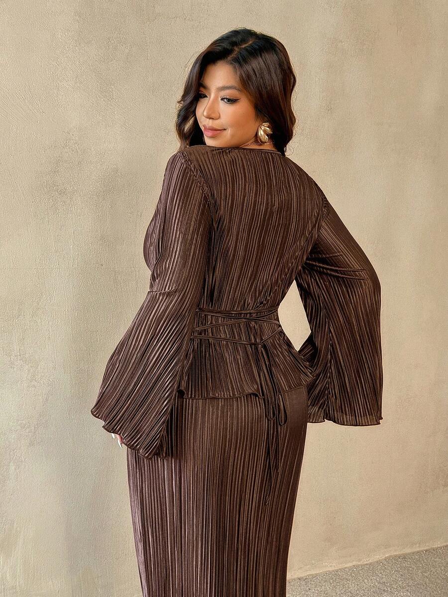 Auralis Plus Size Women Pleated Round Neck Flare Sleeve Top And Midi Skirt Elegant 2-Piece Set Pleated Skirt Set Brown Two Piece Set Women Modest Two Piece Set Elegant Casual Two Piece Set Spring Outfit For Women, Spring Set For Women - Brown - View 1