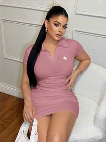 SHEIN SXY 翻领简约休闲商务刺绣连衣裙 - 粉色 - 查看 7