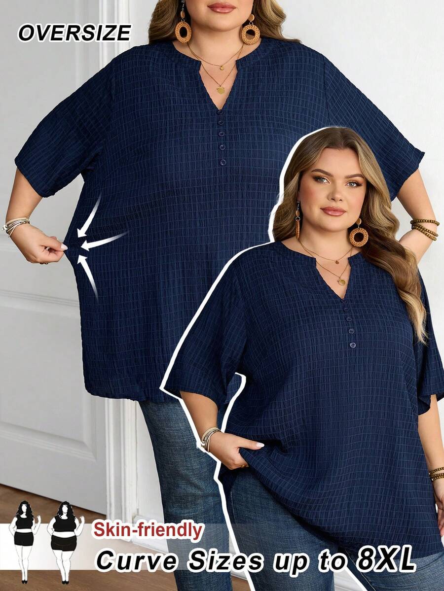 SHEIN CURVE+ 加大码夏季V领短袖休闲衬衫，纹理面料，女式教师装 - 藏蓝色 - 查看 1