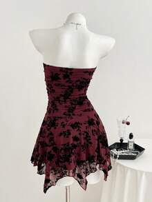 Elamini Casual Flocked Asymmetrical Hem Burgundy Dress For Women, Spring/Summer - Burgundy - View 2
