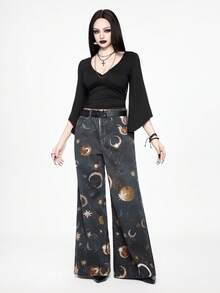 ROMWE Gothic Star & Moon Print Women Wide Leg Jeans - Black - View 2
