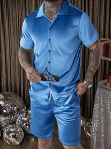 Manfinity AFTRDRK Men Velvet Shirt & Drawstring Waist Shorts Gold Shirt Menmen's Two Pieces Set - Blue - View 4