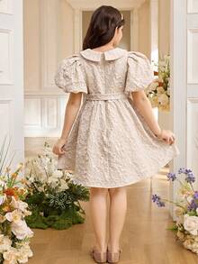 SHEIN Tween Girl Elegant Collared Jacquard Fabric Petal Sleeve Mid-Length Dress Tween Girl - Black - View 3