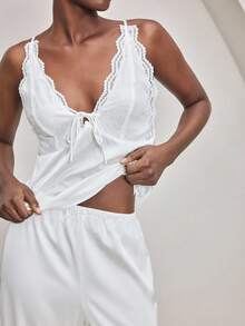 Ocili 两件套波西米亚风蕾丝边吊带背心和睡裤睡衣套装，舒适女士睡衣 - 白色 - 查看 5