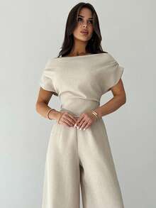 Firerie 女士休闲优雅亚麻外观领落肩袖修身衬衫，适合办公室、返校、秋季、复古风格、工作上衣、教师装 - 杏色 - 查看 4