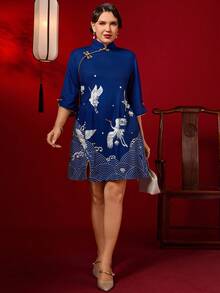 Auvina 大码优雅派对新款中式立领纽扣连衣裙 - 藍色 - 查看 8