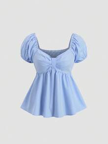 Sweetra 女士休闲舒适百搭蓝色条纹扭结设计短袖衬衫，春夏款 - 藍色 - 查看 1