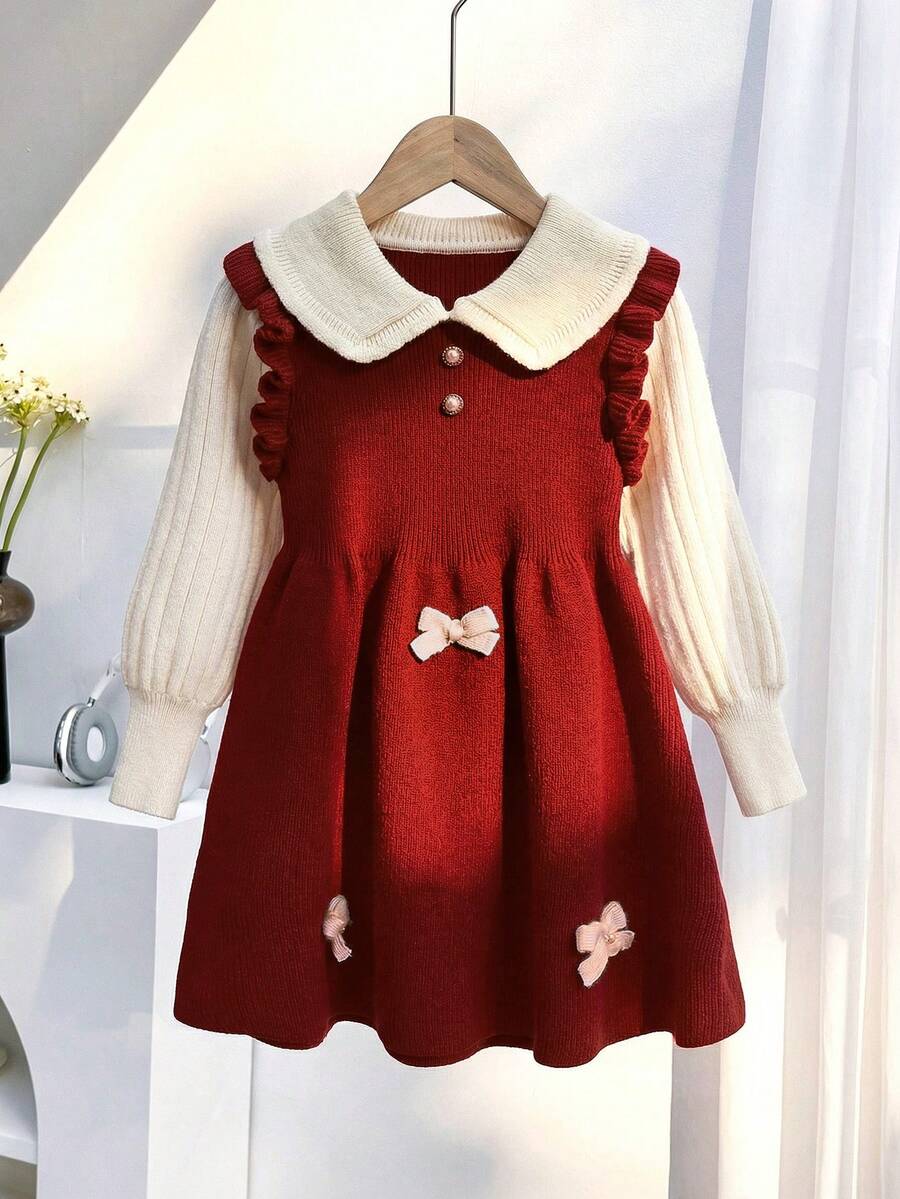 SHEIN Vestido de suéter con cuello Peter Pan, decoración de lazo y bloqueo de color, cómodo y casual, para mujeres en otoño e invierno - Rojo - Ver 1