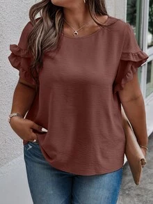 SHEIN Clasi 大码女式纯色圆领荷叶袖休闲衬衫 - 鏽棕色 - 查看 5