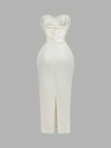 SHEIN MOD 女士优雅米色花卉提花抹胸连衣裙 - 白色 - 查看 3