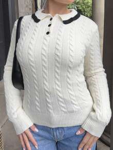 Bethéva 女式修身马球领套头毛衣，学院风 - 白色 - 查看 3