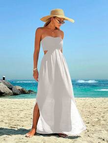 Swim Vcay 女士镂空露肩长款沙滩连衣裙罩衫 - 白色 - 查看 4