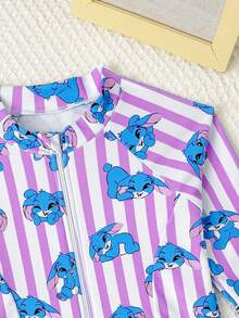 Young Girl Striped Cartoon Print Long Sleeve One-Piece Swimsuit, Summer Beach Vacation - Purple - View 4