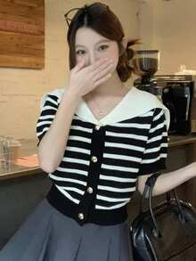 DAZY Women's Elegant Contrast Stripe Collared Knit Top, Summer - Black - View 7