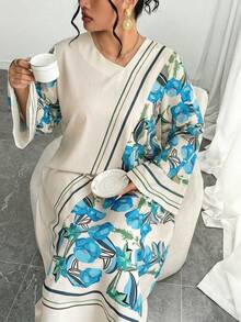Yasmyna 大码宽松长袖阿拉伯风格梭织连衣裙 - 藍色 - 查看 3