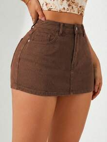 Breezaya Quần short denim nữ màu trơn, cạp lệch. - Cà phê nâu - Xem 4