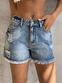 Sunnyshic 女士做旧毛边斜插口袋休闲牛仔短裤 - 藍色 - 查看 1