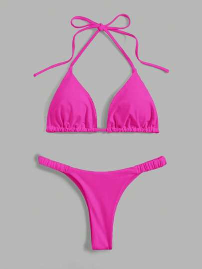 Swim Mod Solid Color Halter Spaghetti Strap Triangle Bikini Swimwear, Fashionable Summer