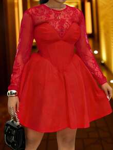 Slaydiva 秋季新款蕾丝拼接修身A字公主风晚礼服，适合情人节约会、生日派对、宴会、返校、日常休闲穿着、邮轮旅行、潮流时尚、优雅大方、通勤、商务休闲等场合 - 红色，大码 - 紅色 - 查看 6