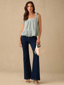 Enchnt 女士夏季简约纯色镂空刺绣系带露肩上衣 - 薄荷綠 - 查看 3