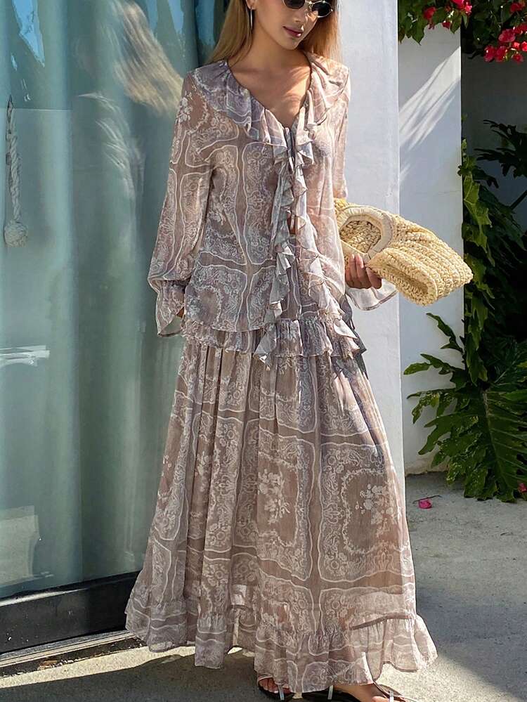 2pcs Women's Floral Print Loose V-Neck Ruffle Flare Sleeve Shirt And Long Skirt Elegant Vacation Set, Spring/Autumn