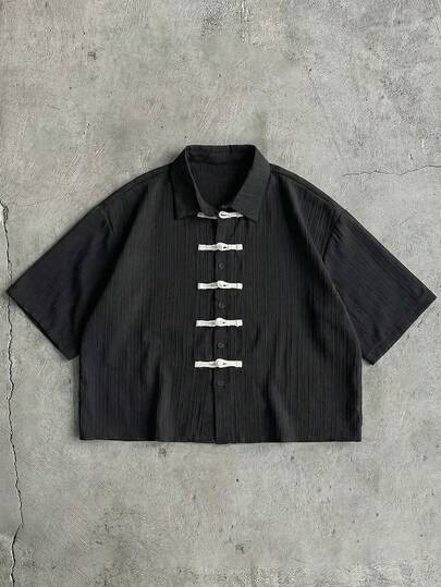 AXEPEAK Men's Contrast Color Button Casual Versatile Black Short Sleeve Shirt