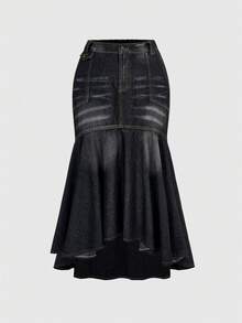 ROMWE Hippie Plus Size Vintage Washed Bodycon Mermaid Denim Mini Skirt - Black - View 1