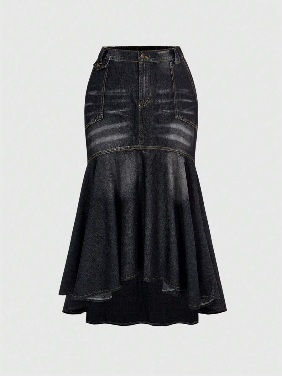 ROMWE Hippie Plus Size Vintage Washed Bodycon Mermaid Denim Mini Skirt - Black - View 1