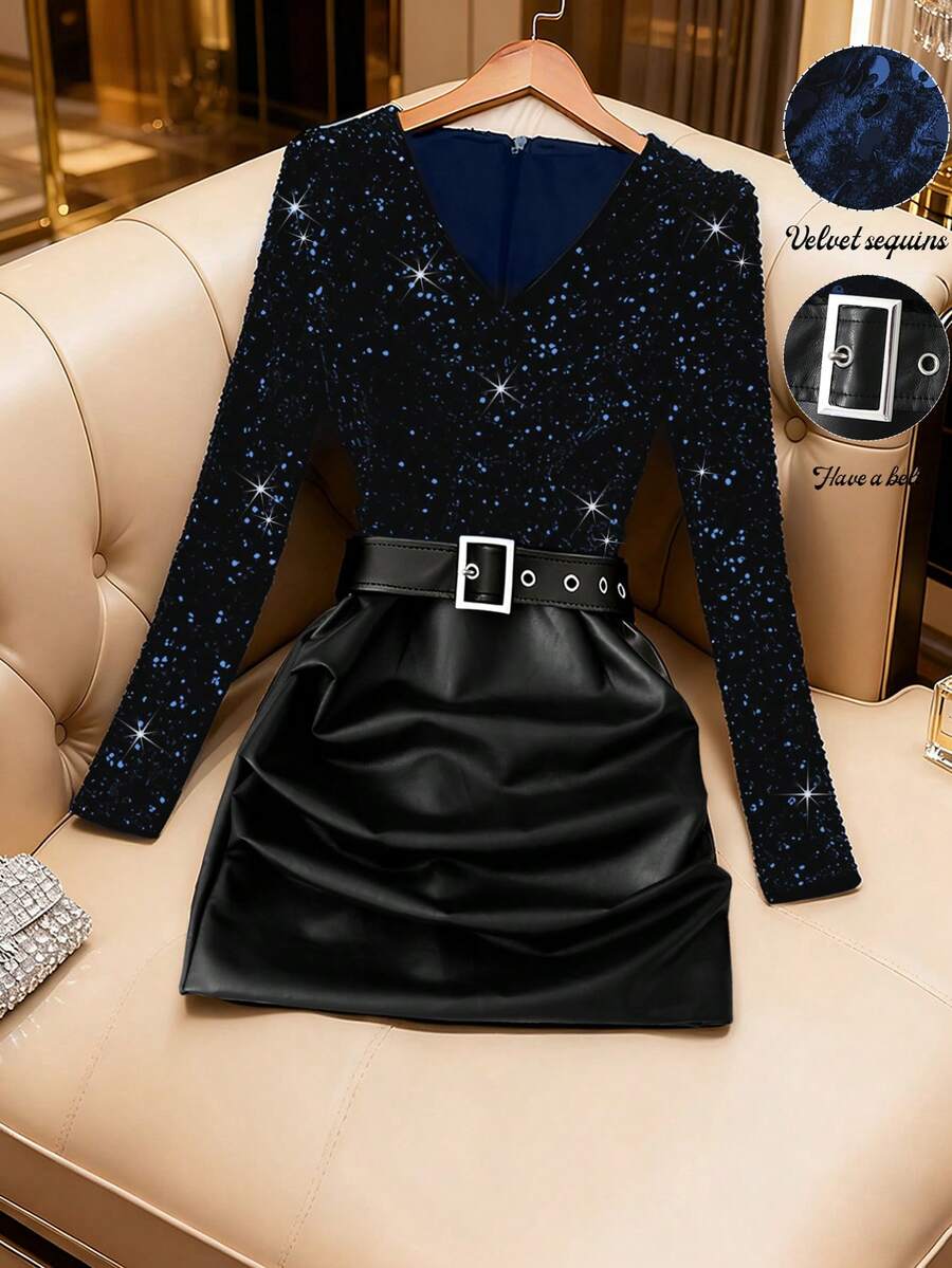 Lyxana Women's Elegant Sequin & Faux Leather Patchwork Ruched Bodycon V-Neck Dress, Slimming Fit, Autumn/Winter - Blue - View 1
