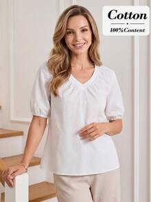 Miaspire Women's Casual All White Summer Basics Shirt, V-Neck Puff Sleeve Brunch Top,Textured Floral Pattern Ruffled Neckline Work Blouse - White - View 1