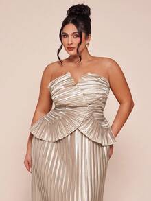 SHEIN BAE 加大码女式杏色褶皱连衣裙 - 杏色 - 查看 4