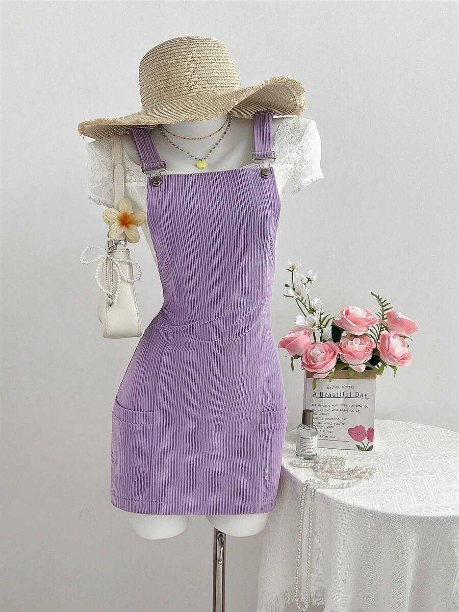 Flirla Damen einfarbiges Lässig Trägerkleid mit Tasche - Violett - Übersicht 1