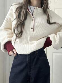 FRIFUL Áo thun dài tay nữ phối màu, cài cúc nửa cổ, kiểu dáng thường ngày. - Màu be - Xem 2