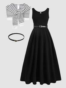 SHEIN 少女休闲度假通勤极简主义束腰伞裙连衣裙搭配条纹水手披肩 - 黑與白 - 查看 3
