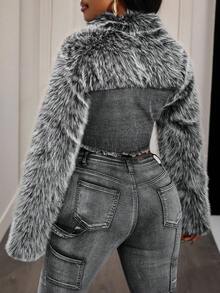 Slaydiva Women's Patchwork Faux Fur Collar Single-Breasted Frayed Hem Denim Jacket - Blue - View 6