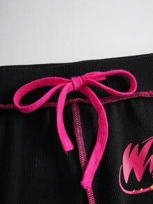 The Winx X SHEIN Women's Drawstring Waist Letter Graphic Lettuce Trim Shorts - Maroon - View 4