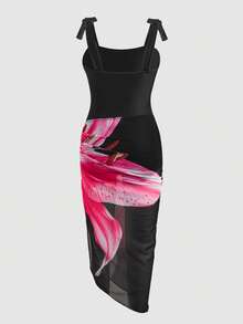 SHEIN 少女碎花泳衣和裙子两件套 - 黑色 - 查看 3