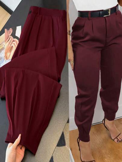 GlowEve CURVE Plus Size Women's Elegant Tapered Leg Wine Red Chic Suit Pants, Office Commute Spring Summer Vacation Elegant Trousers, Suitable For Graduation, Holidays, Valentine's Day, Music Festivals, Mother's Day, Halloween, Thanksgiving, Easter, National Day, Galas, Dates, Parties, Weddings, Outings